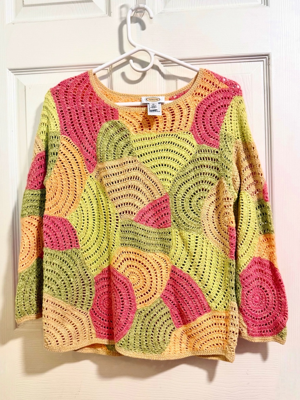 Vintage Talbots Open Knit Crochet Sweater XL Colorful Patchwork Grandmacore